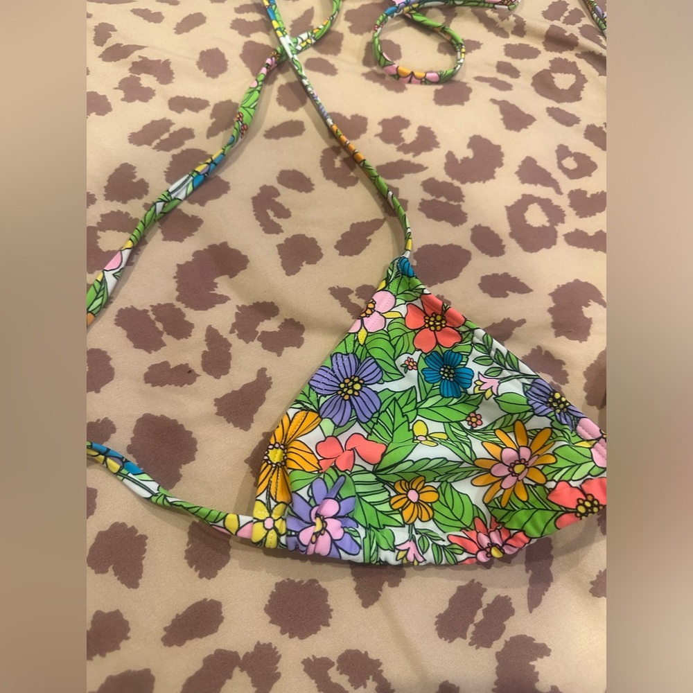 neon trippy Floral Triangle Bikini Top with extra long wrap bottom strap - Picture 4 of 12